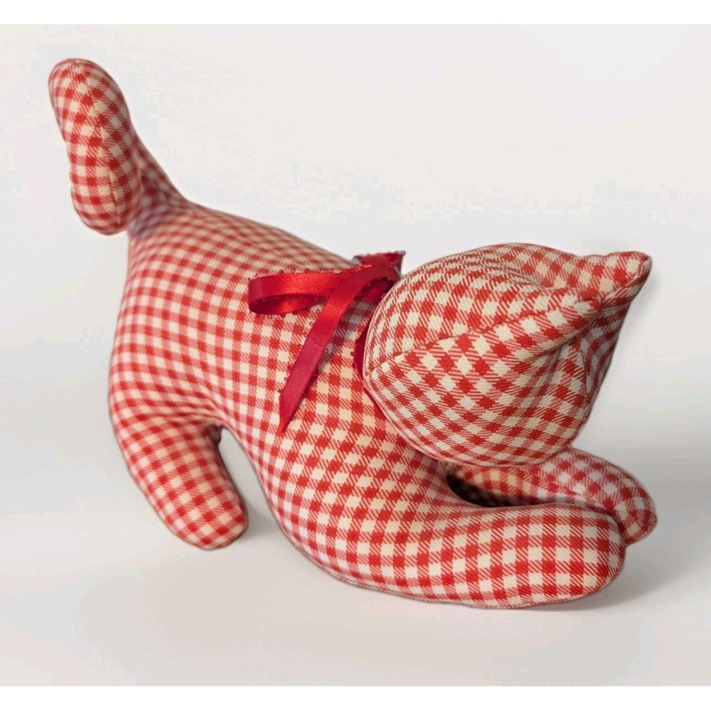 Vintage Handmade Gingham Red‎ White Cat Shelf Sitter Country Cottage Core Sturdy